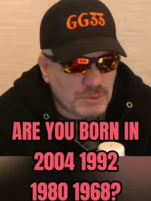 A man in a black cap with the letters "GG33" in orange, wearing sunglasses. Text overlays ask if the viewer was born in specific years. The background appears to be a plain setting.