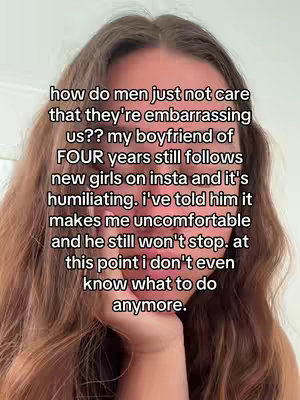 The cover image features a close-up shot of a woman with long, wavy brown hair. Her face is centered, and she has her hand gently touching her cheek, with a slightly concerned expression. Text about relationship issues is overlaid on the image.