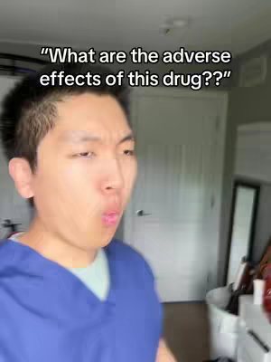 A man in a blue scrub top looks sideways with a slightly surprised expression, with text overlayed above questioning the adverse effects of a drug.