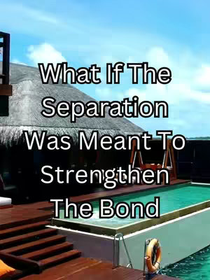 The image shows a tropical setting likely at a resort. The scene features a modern building with a thatched roof adjacent to a swimming pool. The pool has a white border and a life preserver on the side. In the background, there is a glimpse of the ocean with clear water and a blue sky with some clouds.