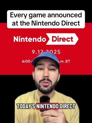 The cover image shows the creator in front of a red background with the Nintendo Direct logo. The creator is a man wearing a blue cap and yellow shirt, holding a microphone, delivering a message.
