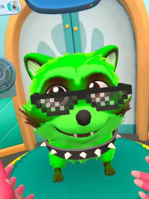 The image features a vibrant, cartoonish green raccoon wearing pixelated sunglasses, a black studded collar, and a smiling expression. The raccoon is set against a colorful backdrop within a VR game environment.