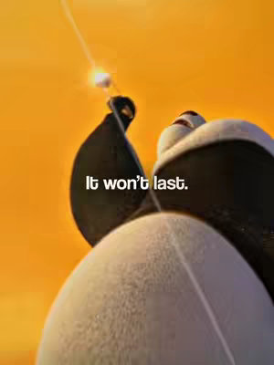 The cover image features a low-angle view of Po from Kung Fu Panda. The panda's head and partially visible body are set against a gradient orange background. Text in white overlaid on the image reads 'It won't last'.