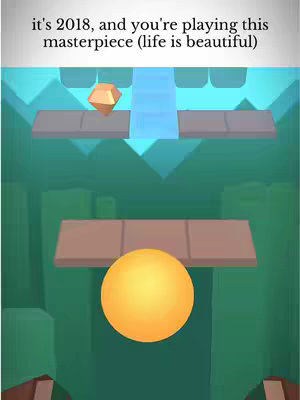 The image shows a stylized, colorful depiction of a mobile game. The background features a gradient of green and blue hues, suggesting depth and dimension. In the foreground, a yellow sphere is positioned, seemingly rolling towards the bottom of the image. Above it are a series of platforms and a golden jewel, suggesting a game level. Text is overlaid at the top, completing the composition.