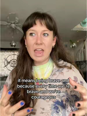 A woman with long brown hair and a nose ring is speaking candidly. The image has text overlaying at the bottom.