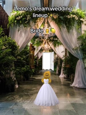 A cover image shows a brightly lit, botanical-themed wedding setup. White drapes line the sides, and green foliage crowns the top, leading to a bright open door at the end. A cartoon lemon in a white wedding dress stands in the foreground, with text overlays indicating 'Lemo's dream wedding lineup' and 'Bride' along with a lemon emoji.