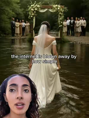 A video cover image shows a woman in a wedding dress standing in a stream with her back to the camera. The water reflects the greenery and a wooden archway decorated with flowers. A second image featuring the creator's face is superimposed below the water scene.
