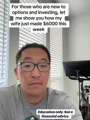 A man with glasses looks directly at the camera. Overlayed text on top says that he will show the viewer how his wife made $6000 in a week through options trading. More text is below saying "Education only. Not a financial advice."