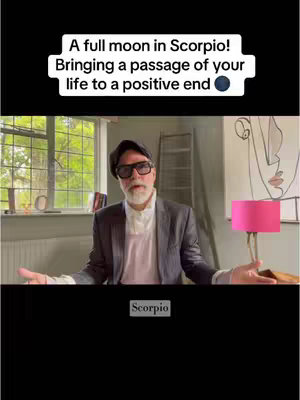 The cover image shows a man with a gray beard and glasses in a room with a window and a pink lamp. Text overlays describe a full moon astrological event.