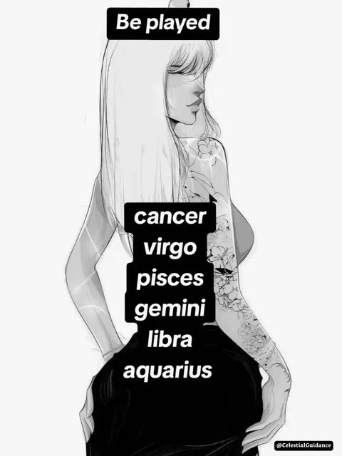 A grayscale artwork depicting a woman in a stylized, minimalist way. Her long hair flows to the side, and a tattoo adorns her upper arm. Overlaid on the image are black rectangles containing zodiac signs and the text 'Be played'.