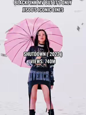 The cover image features a woman, Jisoo from Blackpink, centered against a white background, holding a large pink umbrella. Text overlays at the top and bottom of the image provide context about the video content. The overall aesthetic is visually clean with a focus on the central figure.