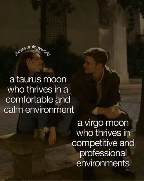 A cover image shows a couple sitting on a bench at night. Text overlay includes "@itsaastrologyworld" and descriptions of Taurus and Virgo moon traits.