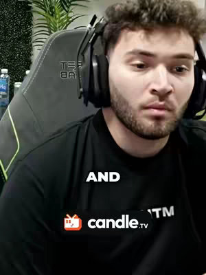 A man wearing a black t-shirt and headphones sits in a gaming chair. Overlayed text reads "AND" above a logo with the text candle.tv.