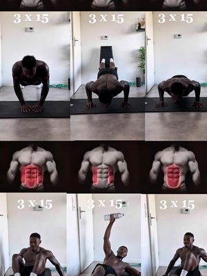The cover image is a grid of nine images presenting a fitness routine. The layout features three rows and three columns. The first row shows the person doing pushups on a mat. The middle row shows the person working out the abs. The bottom row shows the same person exercising. The text overlays include "3 X 15". The overall composition uses a neutral color palette, focusing on the human form in action. The lighting appears to be natural.