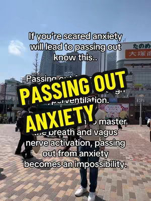 The cover image shows a man standing in a city square under a bright, blue sky. Text overlays are prominent, with layered phrases about anxiety, passing out, and related terms. Buildings are visible in the background, suggesting an urban setting.