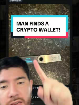 The cover image shows a man holding a gold and black ledger with text overlay 'MAN FINDS A CRYPTO WALLET'