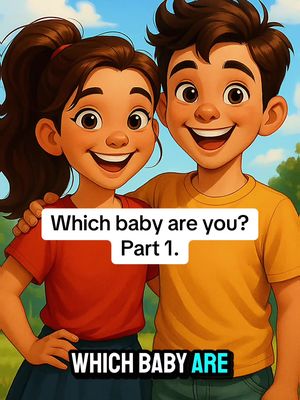 An AI-generated image featuring two cartoon-style children, a boy and a girl, with fair skin and large eyes. The boy has short brown hair, and the girl has long brown hair in a ponytail. Both are smiling widely and are positioned closely, with the boy's arm around the girl's shoulders. They are wearing primary-color shirts, the boy in yellow and the girl in red. A white rectangular text overlay is above them, with 'Which baby are you? Part 1'. Behind them is a soft-focus green background, suggesting a park or outdoor setting.