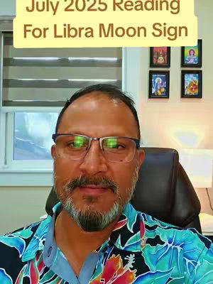 The cover image shows a man with a beard and glasses, centered in the frame. Above him, a banner reads 'July 2025 Reading For Libra Moon Sign'. The background shows a window with blinds, framed artwork, suggesting a home office or study setting.