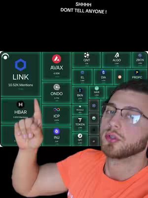 A man in an orange shirt points at a screen displaying cryptocurrency logos and data, with overlaid text at the top and the man's face taking up the bottom right corner. The background behind the man is a grid with different cryptocurrency symbols, and data points in green color. The text at the top says 'SHHHH DONT TELL ANYONE!'.