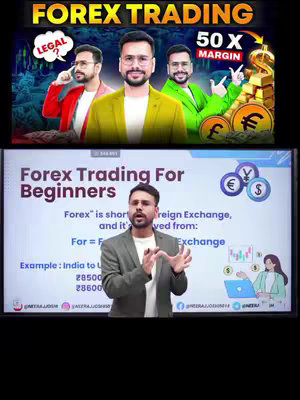 The cover image is split into two sections. The top section features three images of the same man in different colored jackets. The text "FOREX TRADING" in large, yellow letters dominates the top, with "50 X MARGIN" below it. A speech bubble reads "LEGAL?" on the left. The bottom section shows a man presenting, with text and currency symbols behind him.