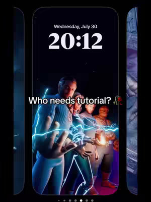 The image presents a phone screen showing a wallpaper featuring the Fantastic Four. The wallpaper has a dark background with the words 'Wednesday, July 30' and '20:12' in white text. Below, the Fantastic Four characters are depicted in a 3D style with the male character in the front, highlighted with blue lightning effects.