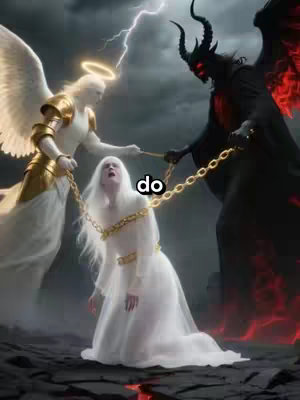 A digitally created scene depicting a struggle for a soul after death. An angel in bright robes and gold armor and a halo on top of their head pulls a soul with white skin and long white hair. The soul is chained. On the left side, a hellish demon with horns, red, glowing eyes, and dark attire tries to seize the soul, also connected by the chains. Lightning illuminates the scene, with a dark, stormy background.