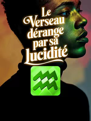 A digital artwork featuring a person's face, overlaid with vibrant text related to the Aquarius zodiac sign. The person is shown from the shoulders up, with their face partially illuminated in green and yellow hues, contrasted with a dark background. Bold, glowing text appears above an icon, which is the sign of Aquarius.