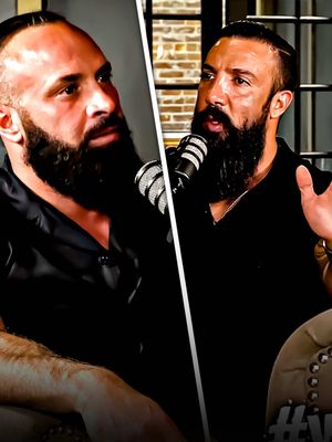 The cover image is split vertically, featuring the same man on both sides. He has a full beard and dark hair, illuminated with bright lighting. On the left, he is looking off to the side, with a serious expression. On the right, he has a microphone in front of him, his mouth open, as if he is speaking passionately.