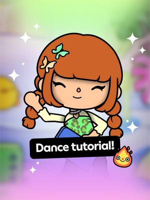 A cartoon-style image with a female character at the center, posed as if doing a dance tutorial. She has red hair in pigtails, adorned with butterfly hair clips. The image has a light purple and soft blue background with floating stars, and a black banner overlay that says 'Dance tutorial!'