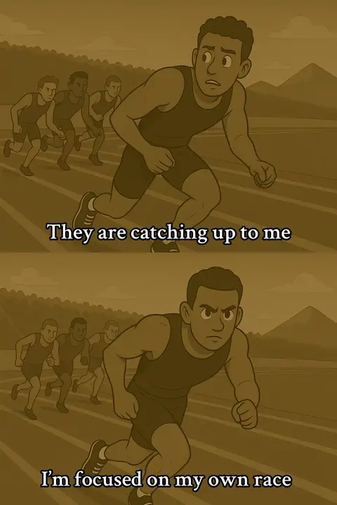 An illustrated image of two runners on a track. The top half shows the runner in front looking back with a concerned expression, while the bottom half shows the runner looking forward with a determined expression.