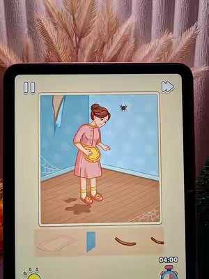 A cartoon image of a woman in a pink dress standing in a room, looking up at a spider on the wall. The room has a blue wall, a torn section of wallpaper, and cobwebs. On the lower part of the frame, there are several puzzle pieces for an iPad game.  The background contains decorative dried flowers.