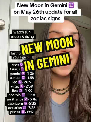 A woman with long brown hair is centered in the frame, smiling. The background is an indoor space. Text overlays in bright yellow and white letters announce "NEW MOON IN GEMINI", other text indicates the date, and a schedule for the times assigned to signs.