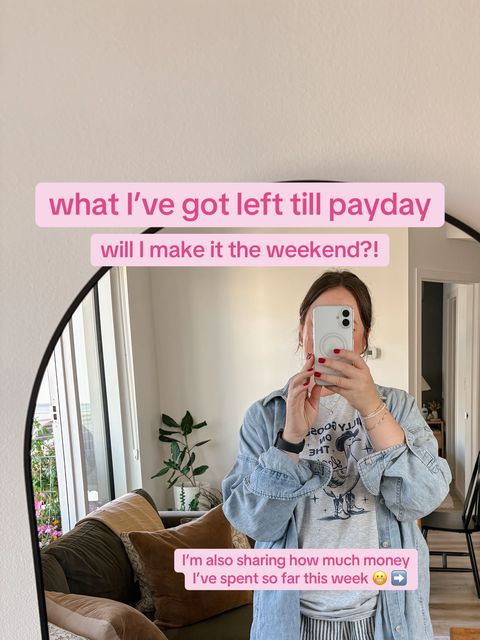 A person is taking a selfie in front of a large arched mirror. The person is holding the phone up, hiding their face. Pink stickers are on the photo with text describing what the video will be about. The setting is a room with light walls, a green couch, and a window showcasing the outdoors.