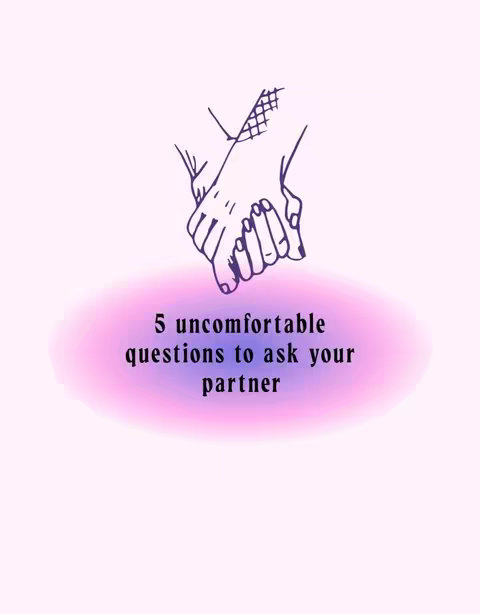 The image is a graphic design with a light pink background. A stylized illustration of two hands clasped together is centered at the top. Below the hands, a blurred, oval-shaped gradient in shades of pink and purple contains the text '5 uncomfortable questions to ask your partner' in black font.