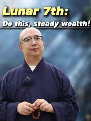 The cover image features a man in a dark blue traditional outfit, wearing glasses, and holding prayer beads. The background has a blurred appearance. Text overlays the top, announcing "Lunar 7th: Do this, steady wealth!"