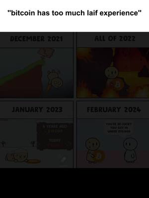A four-panel comic strip layout. The top left panel says 'DECEMBER 2021,' showing a green rising line, possibly representing a price increase. The top right panel states 'ALL OF 2022', with a burning background and an animated bitcoin character. Below, a panel is labeled 'JANUARY 2023' showing a bitcoin character lying on the ground.  The final panel says 'FEBRUARY 2024', a bitcoin character, is shown talking with a person. There is text over each panel suggesting the history and experiences of bitcoin.