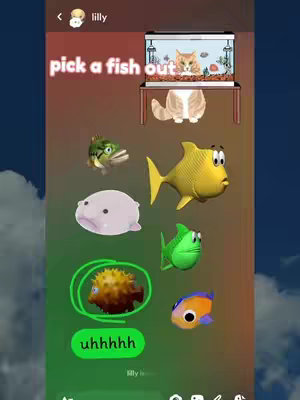A vertical-oriented cover image showing a gradient background of green to red-brown with the word 'pick a fish out' in pink text at the top-left. A selection of cartoonish fish images, with one fish in a green circle. Also, a cat is in an aquarium to the right. Below the highlighted fish is a green rectangle with the text 'uhhhhhh'.