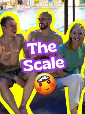 The cover features three people, seemingly a group of friends, smiling. They are sitting close together. A graphic overlay, "The Scale", has been added. The background is a pool setting.