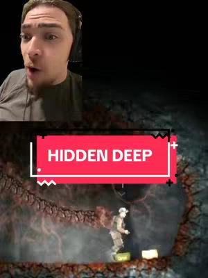 The cover image shows a split view with the creator's face reacting in the top left, and a game scene featuring a person exploring a dark cavern in the bottom right. Overlaid is a red banner with white text reading 'HIDDEN DEEP.'