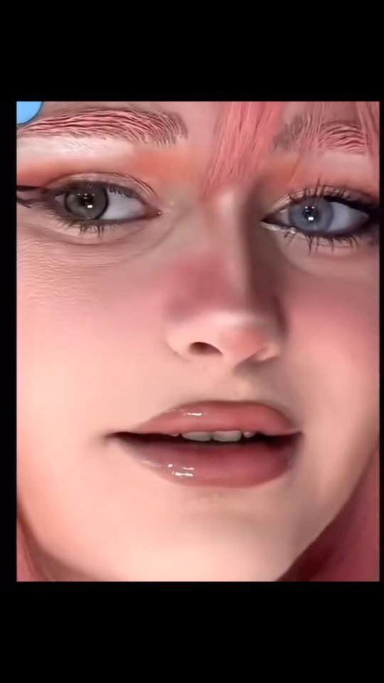 A close-up shot of a person's face with a focus on the eyes and lips. The left eye is green, and the right eye is blue. The person has pink hair and is wearing makeup, including eyeliner, blush, and lip gloss. The composition is well-lit and uses shallow depth of field to emphasize the face.