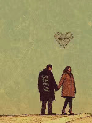 An illustrated, art-style image depicting a couple holding hands while walking away from the viewpoint on a yellow-toned, textured ground. The two are dressed in coats. Above them is a heart composed with the word 'Soul's Epiphany'. Overlay text with the world 'Seen' is written on the back of the male figure's coat.