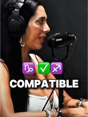 A woman with dark hair wearing headphones and a white top is speaking into a microphone. The image features a black background with text and astrological symbols overlaid.