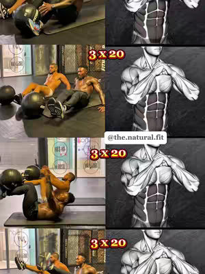 Multiple images are arranged in a grid format. At the top, there's an image of someone holding a medicine ball. Below that, two men are sitting, and the top right images show a 3D model of a body focused on abdominal muscles. The color palette is a mix of gym-like colors with black and white figures with some red highlights.