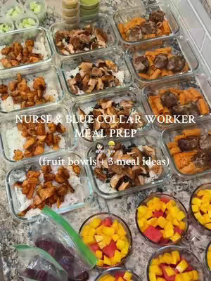 A top-down shot showcasing multiple clear glass containers filled with prepared meals. The containers are neatly arranged on a countertop, filled with a variety of foods like rice, cooked chicken, and pasta with meatballs. Several small bowls filled with fruits and sauces surround the meal prep containers. Text overlays include meal prep titles and labels.
