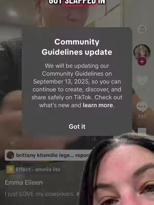 The cover image shows a woman looking straight at the camera with a gray pop-up box overlaying on top of her face. The pop-up displays a notification about TikTok's Community Guidelines. A small icon on the right indicates some viewers.