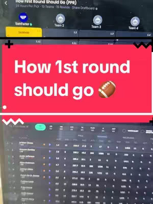 The image is a screen recording from a fantasy football draft platform. The interface is displayed across the top, as well as an overlay of text. The main section of the display consists of a list of players based on their fantasy scores.