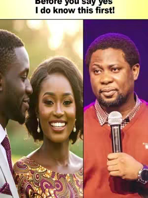 The cover image is split vertically. On the left, it displays a couple, with the female figure smiling and the male looking at her affectionately. On the right, a man is holding a microphone. The text overlay at the top reads, "Before you say yes I do know this first!"