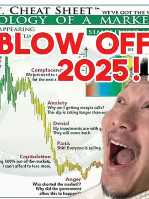 The cover image features a man with a wide open mouth in a surprised or excited expression, overlayed on a chart with the financial markets. The overlay features the text "BLOW OFF" in large red letters, the number 2025! and some financial chart elements
