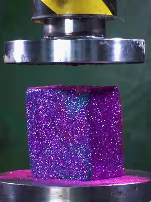 The image shows a metallic press above a block-shaped object covered in purple glitter. The press has a circular base with a yellow and black stripe. The block sits on a flat, circular surface, and some glitter is scattered around. The background is a blurry green.
