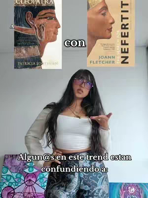 The image features a woman positioned in front of a light-colored background. Two book covers are visible above her head and the text overlay is displayed in the lower part of the image.